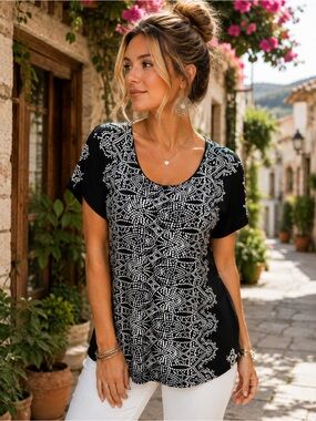 Belah & Codey Black White Paisley Print Stretch Tunic Top Size L